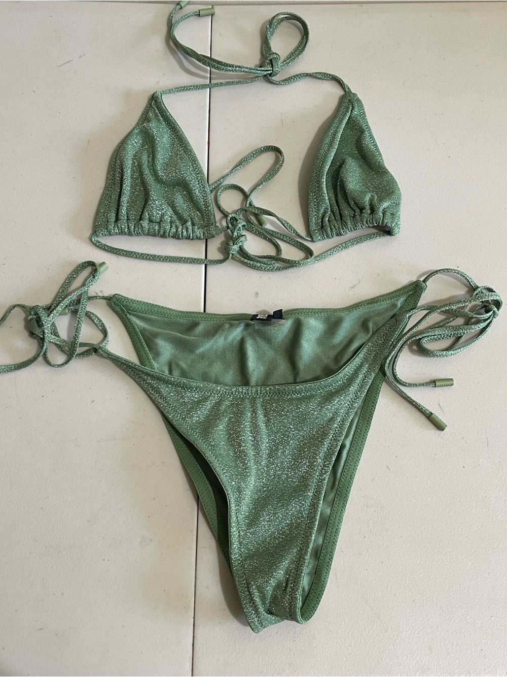 triangl swimwear Shimmer Sage Green Tie-Side Triangle Bikini